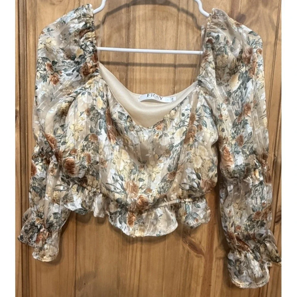 FRAY Floral Puff Sleeve Crop Top Cottagecore Romantic Sheer Boho M - Picture 2 of 5